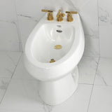 Convergent Three-Handle Deck Mount Bidet Faucet with Knurled Handle and Brass Pop-Up