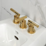 Convergent Three-Handle Deck Mount Bidet Faucet with Knurled Handle and Brass Pop-Up
