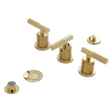 Convergent Three-Handle Deck Mount Bidet Faucet with Knurled Handle and Brass Pop-Up