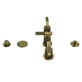 Convergent Three-Handle Deck Mount Bidet Faucet with Knurled Handle and Brass Pop-Up