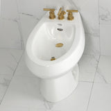 Convergent Three-Handle Deck Mount Bidet Faucet with Knurled Handle and Brass Pop-Up
