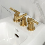 Convergent Three-Handle Deck Mount Bidet Faucet with Knurled Handle and Brass Pop-Up