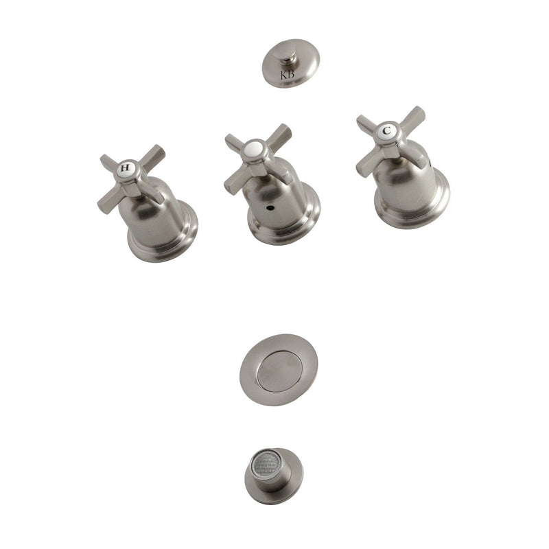 Millennium Three-Handle Deck Mount Vertical Spray Bidet Faucet with Brass Pop-Up