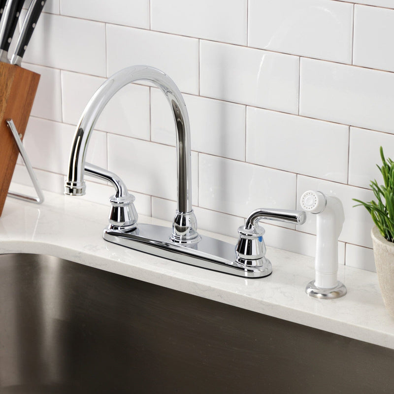 Restoration Two-Handle 4-Hole 8" Centerset Kitchen Faucet with White Side Sprayer