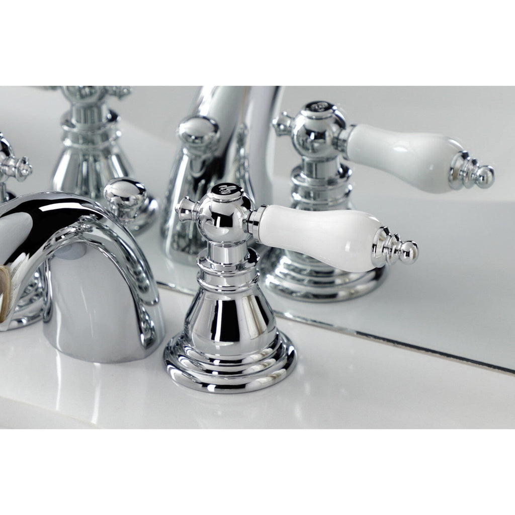 American Patriot Two-Handle 3-Hole Deck Mount Mini-Widespread Bathroom Faucet with Plastic Pop-Up