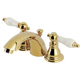 American Patriot Two-Handle 3-Hole Deck Mount Mini-Widespread Bathroom Faucet with Plastic Pop-Up