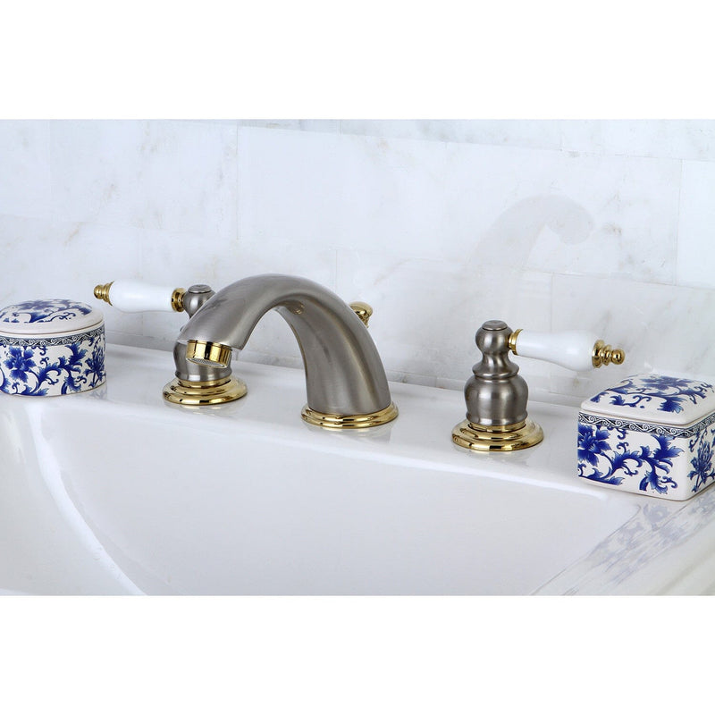 Victorian Two-Handle 3-Hole Deck Mount Widespread Bathroom Faucet with Retail Pop-Up Drain