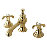 French Country Two-Handle 3-Hole Deck Mount Widespread Bathroom Faucet with Brass Pop-Up