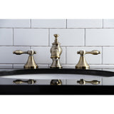 Tudor Two-Handle 3-Hole Deck Mount Widespread Bathroom Faucet with Brass Pop-Up