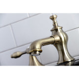 Tudor Two-Handle 3-Hole Deck Mount Widespread Bathroom Faucet with Brass Pop-Up