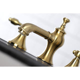 Tudor Two-Handle 3-Hole Deck Mount Widespread Bathroom Faucet with Brass Pop-Up