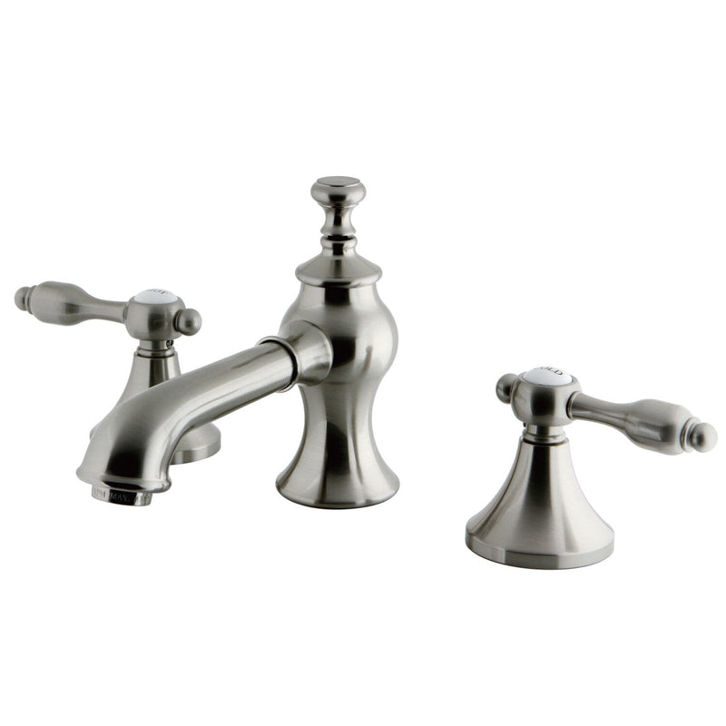 Tudor Two-Handle 3-Hole Deck Mount Widespread Bathroom Faucet with Brass Pop-Up