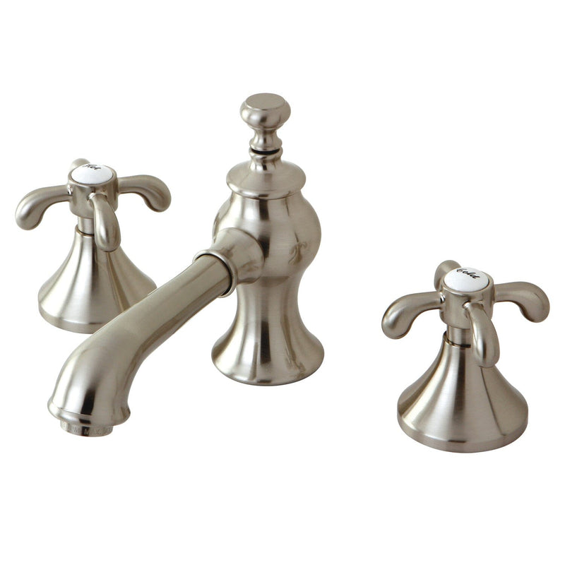 French Country Two-Handle 3-Hole Deck Mount Widespread Bathroom Faucet with Brass Pop-Up