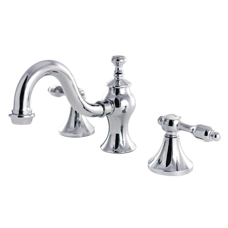 Tudor Two-Handle 3-Hole Deck Mount Widespread Bathroom Faucet with Brass Pop-Up