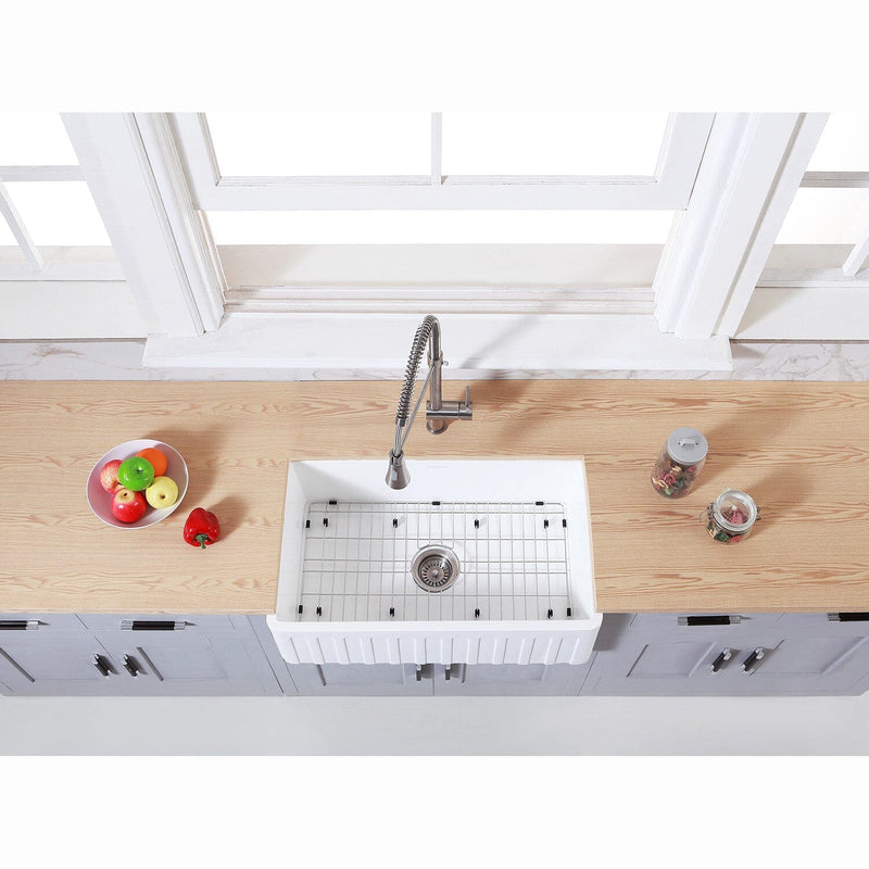 Arcticstone 30-Inch Solid Surface White Stone Apron-Front Single Bowl Farmhouse Kitchen Sink with Strainer and Grid