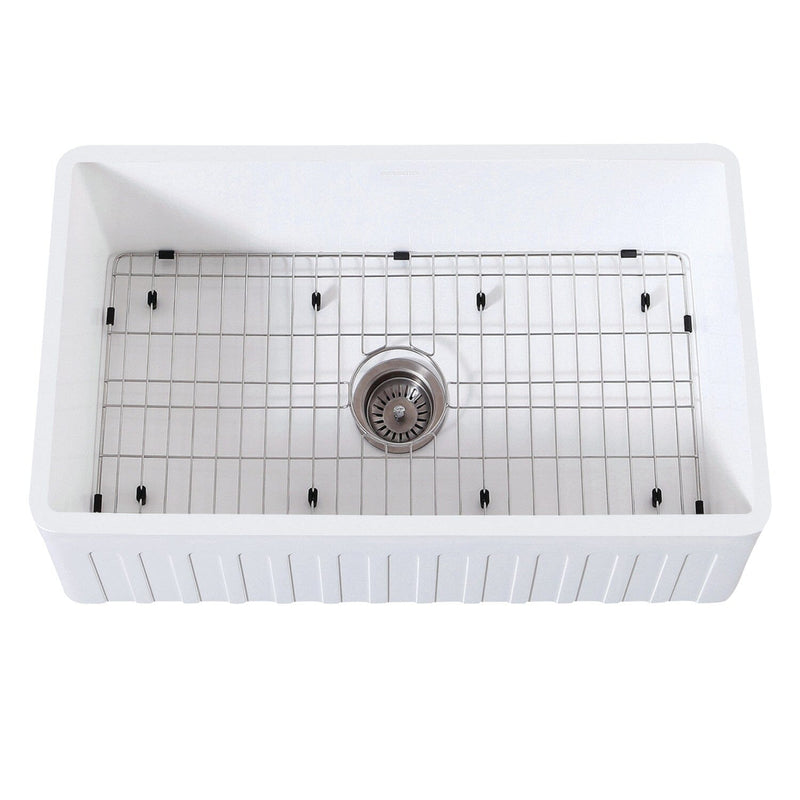 Arcticstone 30-Inch Solid Surface White Stone Apron-Front Single Bowl Farmhouse Kitchen Sink with Strainer and Grid
