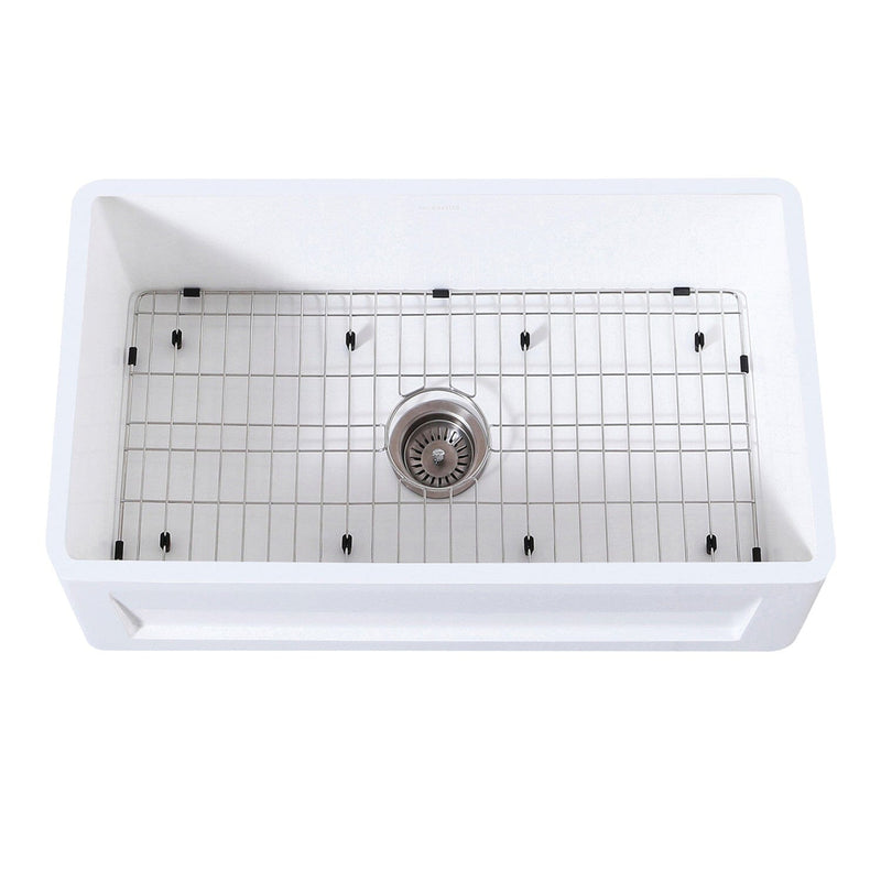 Arcticstone 30-Inch Solid Surface White Stone Apron-Front Single Bowl Farmhouse Kitchen Sink with Strainer and Grid