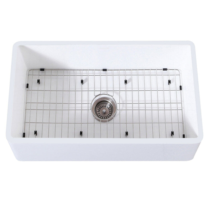 Arcticstone 33-Inch Solid Surface White Stone Apron-Front Single Bowl Farmhouse Kitchen Sink with Strainer and Grid