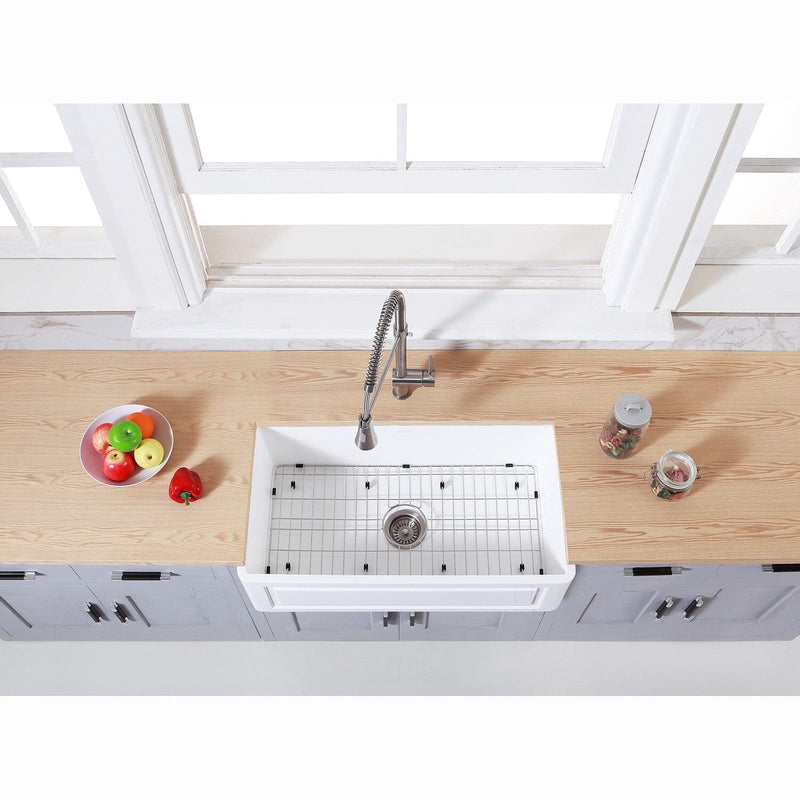 Arcticstone 33-Inch Solid Surface White Stone Apron-Front Single Bowl Farmhouse Kitchen Sink with Strainer and Grid