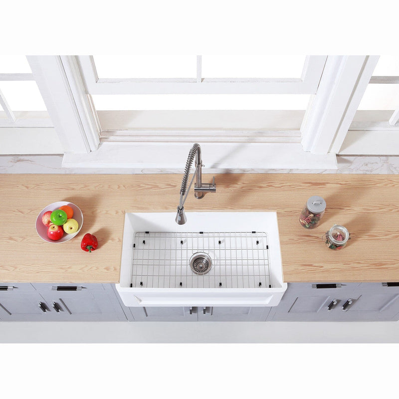 Arcticstone 33-Inch Solid Surface White Stone Apron-Front Single Bowl Farmhouse Kitchen Sink with Strainer and Grid