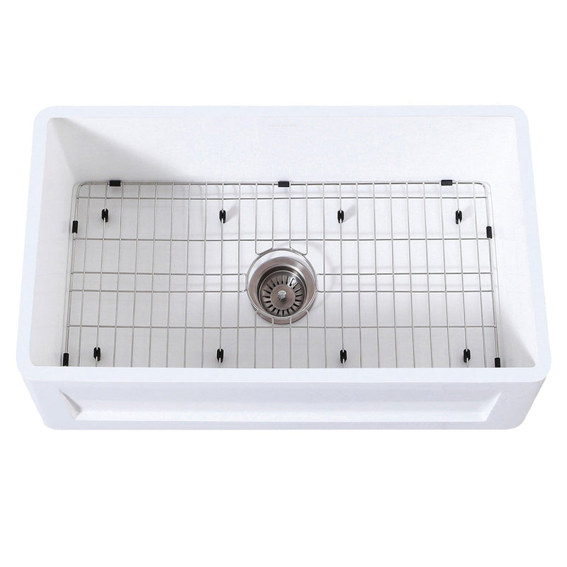 Arcticstone 33-Inch Solid Surface White Stone Apron-Front Single Bowl Farmhouse Kitchen Sink with Strainer and Grid