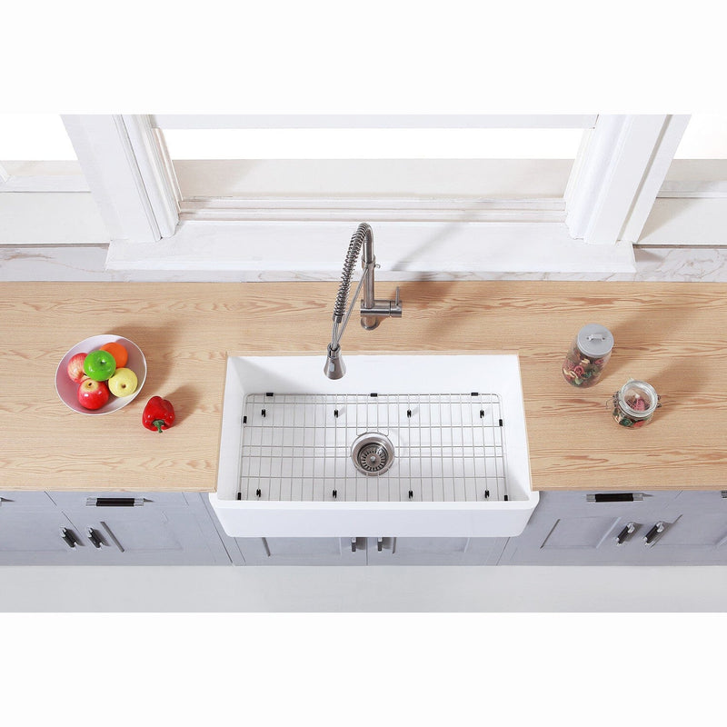 Arcticstone 36-Inch Solid Surface White Stone Apron-Front Single Bowl Farmhouse Kitchen Sink with Strainer and Grid