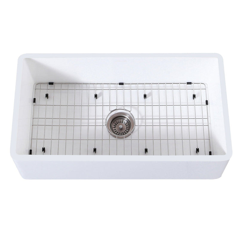 Arcticstone 36-Inch Solid Surface White Stone Apron-Front Single Bowl Farmhouse Kitchen Sink with Strainer and Grid
