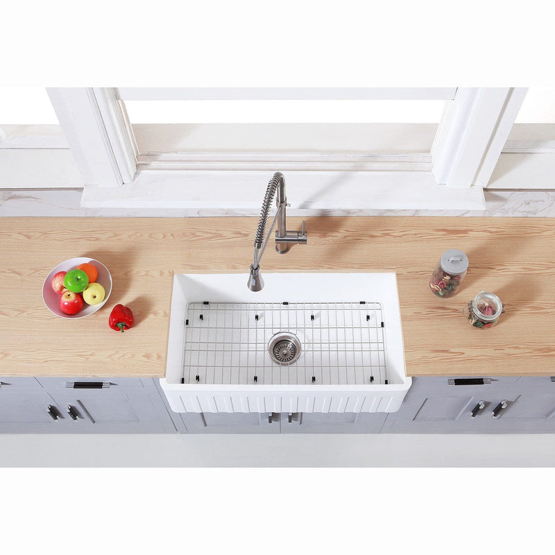 Arcticstone 36-Inch Solid Surface White Stone Apron-Front Single Bowl Farmhouse Kitchen Sink with Strainer and Grid