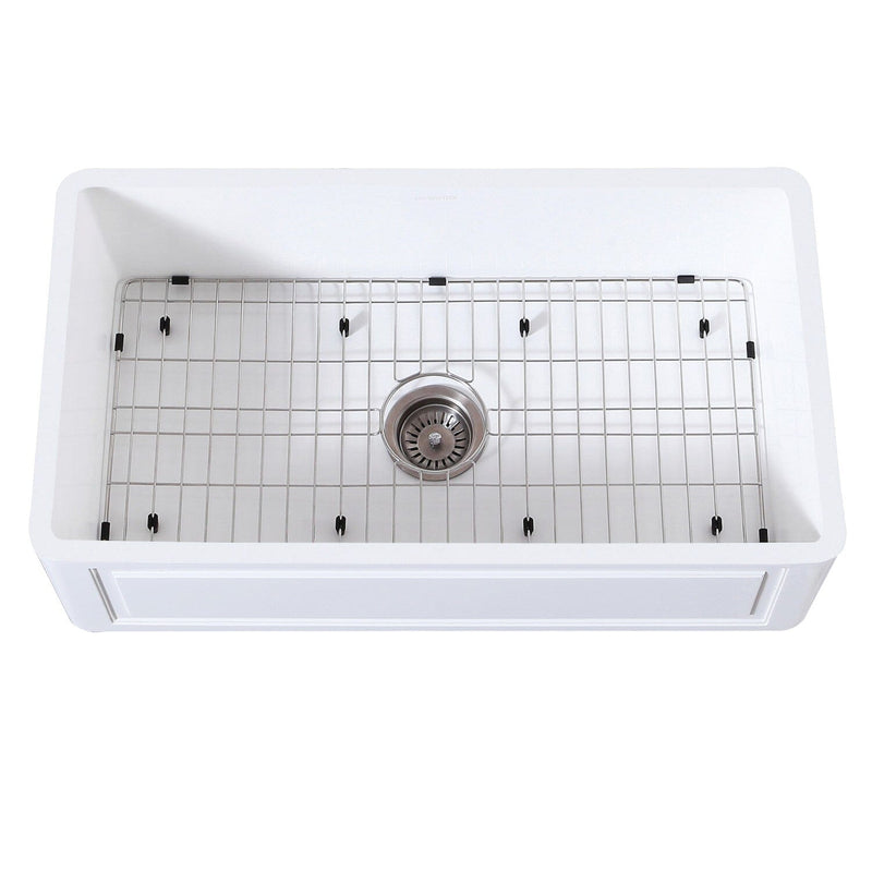 Arcticstone 36-Inch Solid Surface White Stone Apron-Front Single Bowl Farmhouse Kitchen Sink with Strainer and Grid