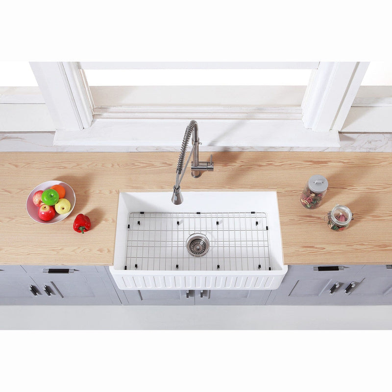 Arcticstone 36-Inch Solid Surface White Stone Apron-Front Single Bowl Farmhouse Kitchen Sink with Strainer and Grid