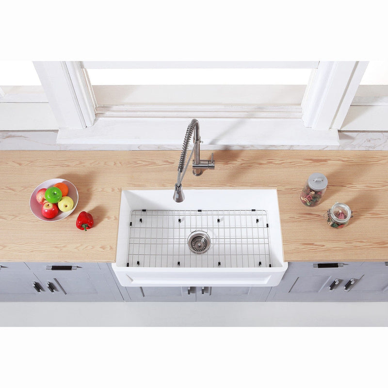 Arcticstone 36-Inch Solid Surface White Stone Apron-Front Single Bowl Farmhouse Kitchen Sink with Strainer and Grid