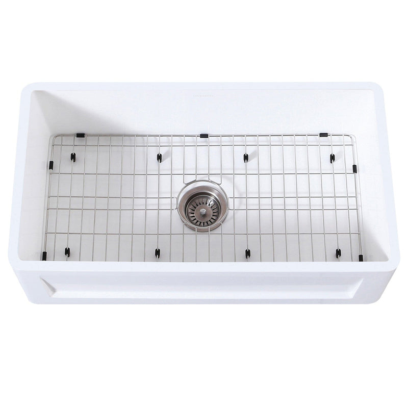 Arcticstone 36-Inch Solid Surface White Stone Apron-Front Single Bowl Farmhouse Kitchen Sink with Strainer and Grid