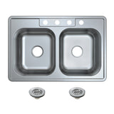 Studio 33-Inch Stainless Steel Self-Rimming Double Bowl Drop-In Kitchen Sink with 4-Hole Drain and Strainer