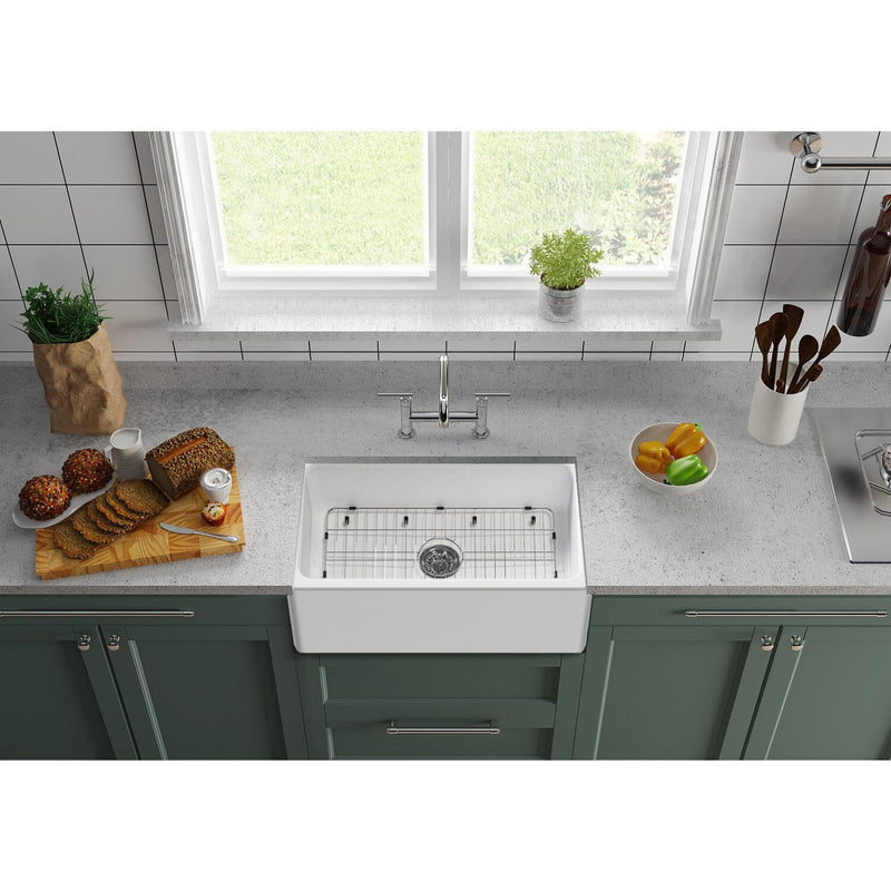 Kaolin 30-Inch Fireclay Single Bowl Farmhouse Kitchen Sink with Bottom Grid and Strainer