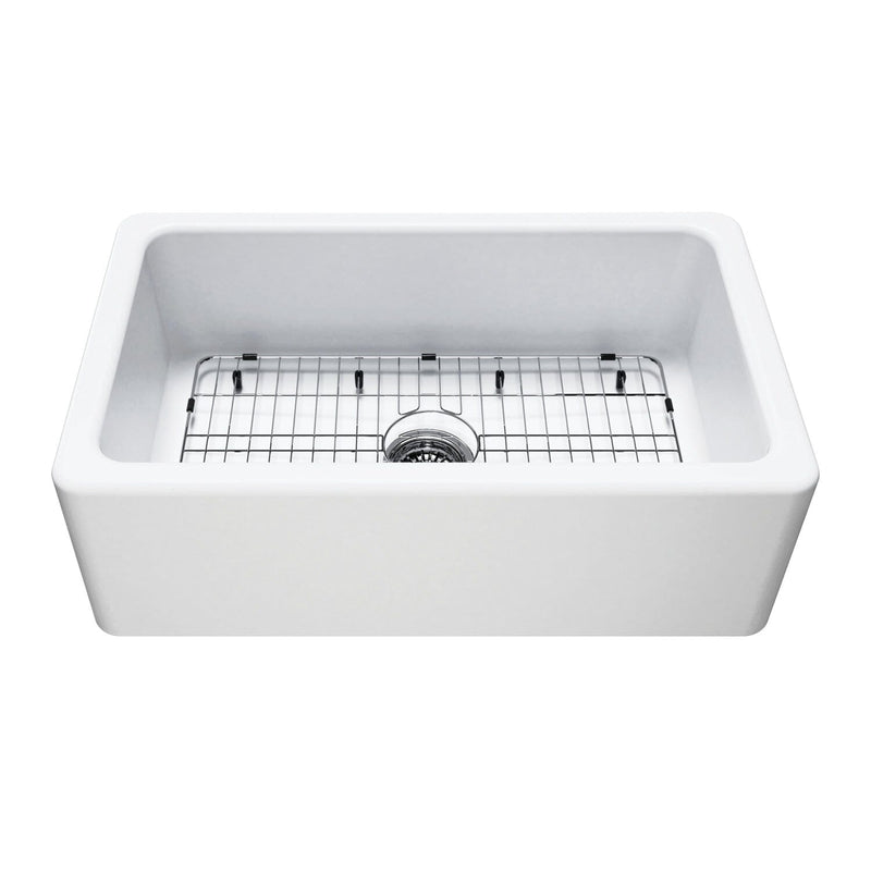 Kaolin 30-Inch Fireclay Single Bowl Farmhouse Kitchen Sink with Bottom Grid and Strainer