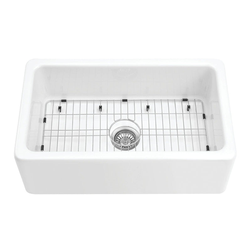Kaolin 30-Inch Fireclay Single Bowl Farmhouse Kitchen Sink with Bottom Grid and Strainer