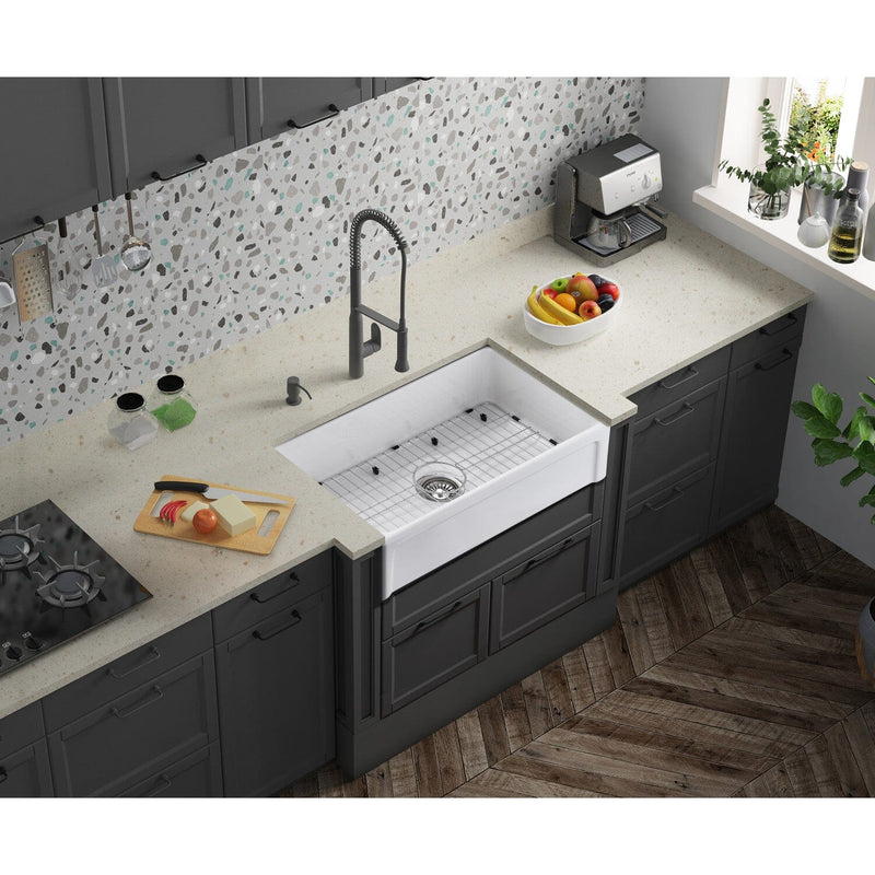 Kaolin 30-Inch Fireclay Single Bowl Farmhouse Kitchen Sink with Bottom Grid and Strainer
