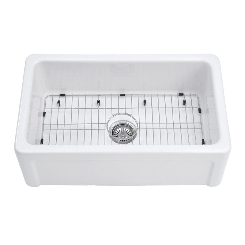 Kaolin 30-Inch Fireclay Single Bowl Farmhouse Kitchen Sink with Bottom Grid and Strainer