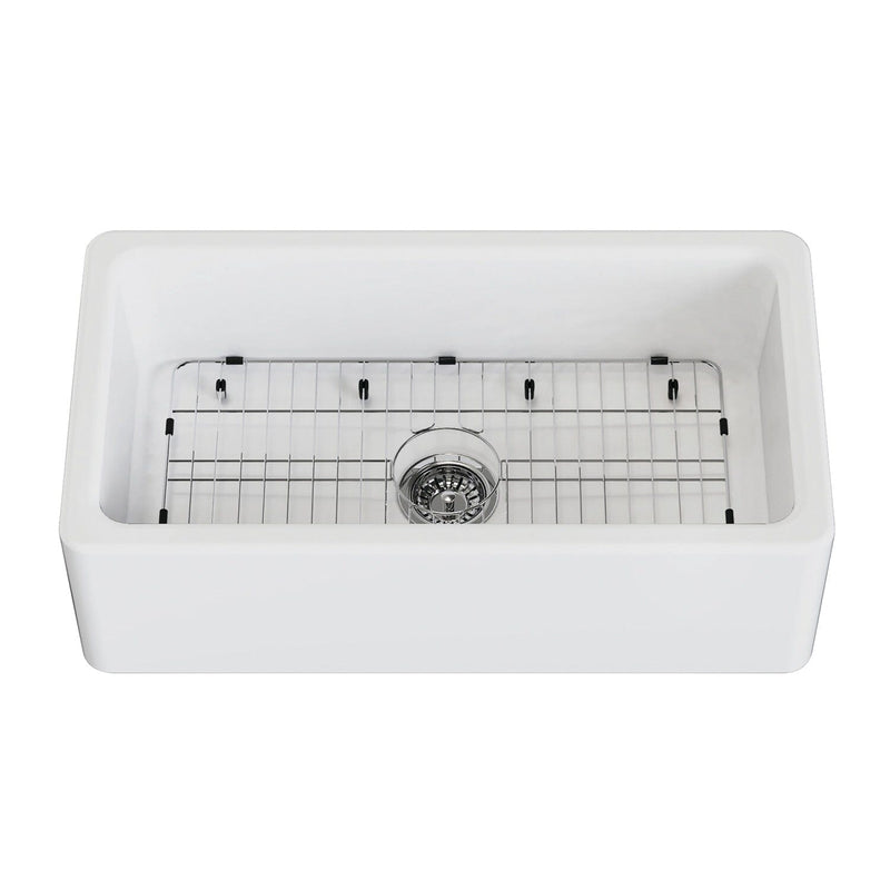Kaolin 33-Inch Fireclay Single Bowl Farmhouse Kitchen Sink with Bottom Grid and Strainer