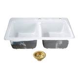 Petra Galley 33-Inch Cast Iron Self-Rimming Double Bowl Drop-In Kitchen Sink (2-Hole) with Basket Strainers x 2