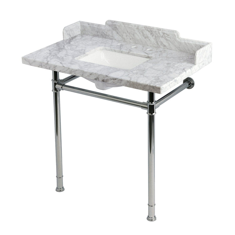 Wesselman 36-Inch Carrara Marble Console Sink with Stainless Steel Legs (8-Inch, 3-Hole)