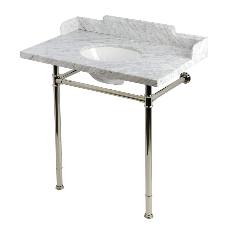 Wesselman 36-Inch Carrara Marble Console Sink with Stainless Steel Legs (8-Inch, 3-Hole)