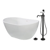 Arcticstone 57-Inch Solid Surface Oval Double Slipper Freestanding Tub with Faucet Combo and Drain