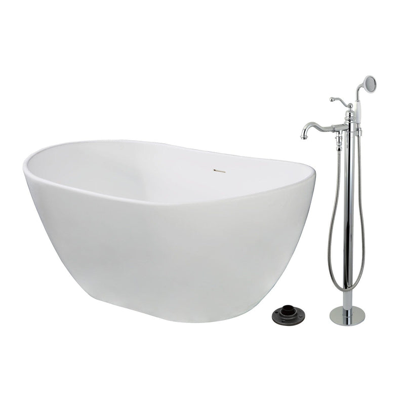 Arcticstone 57-Inch Solid Surface Oval Double Slipper Freestanding Tub with Faucet Combo and Drain