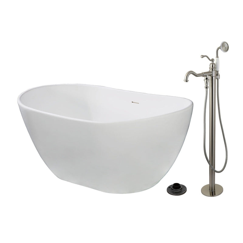 Arcticstone 57-Inch Solid Surface Oval Double Slipper Freestanding Tub with Faucet Combo and Drain