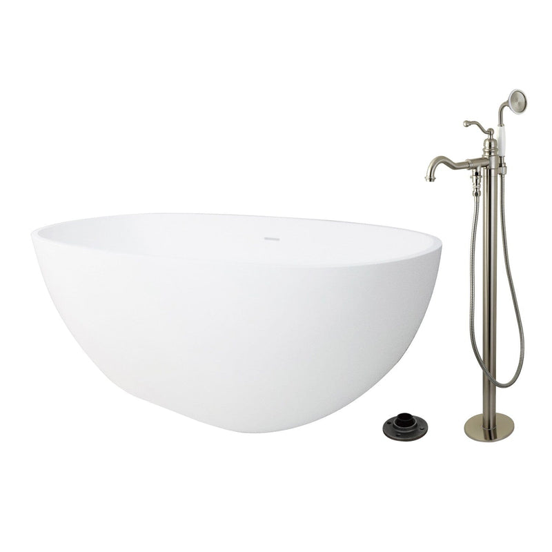 Arcticstone 65-Inch Solid Surface Oval Double Ended Freestanding Tub with Faucet Combo and Drain