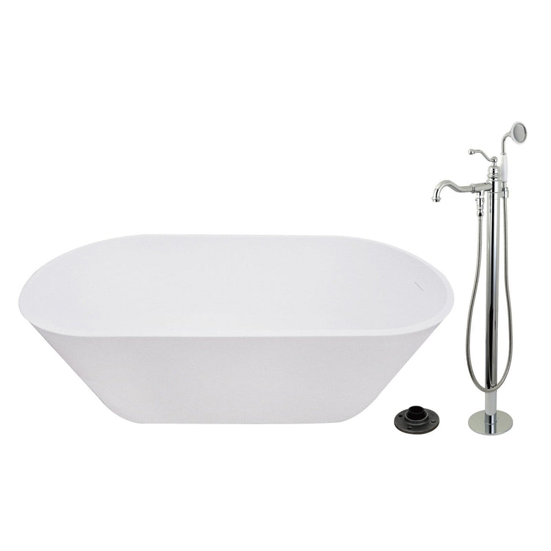 Arcticstone 67-Inch Solid Surface Oval Double Ended Freestanding Tub with Faucet Combo and Drain