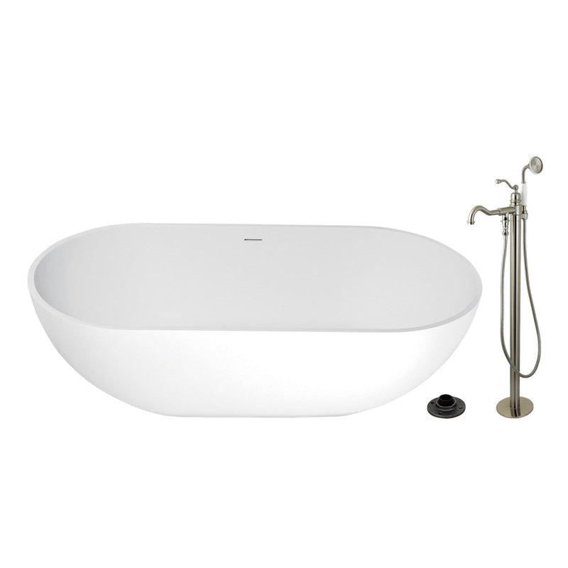 Arcticstone 70-Inch Solid Surface Oval Double Ended Freestanding Tub with Faucet Combo and Drain