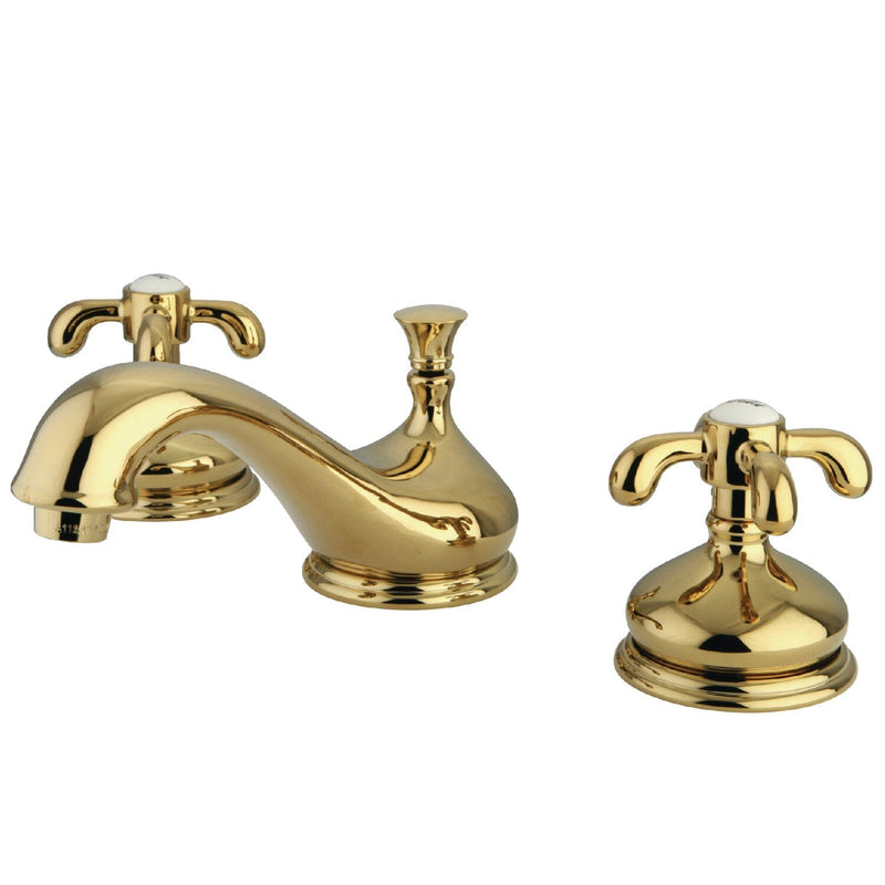 French Country Two-Handle 3-Hole Deck Mount Widespread Bathroom Faucet with Brass Pop-Up
