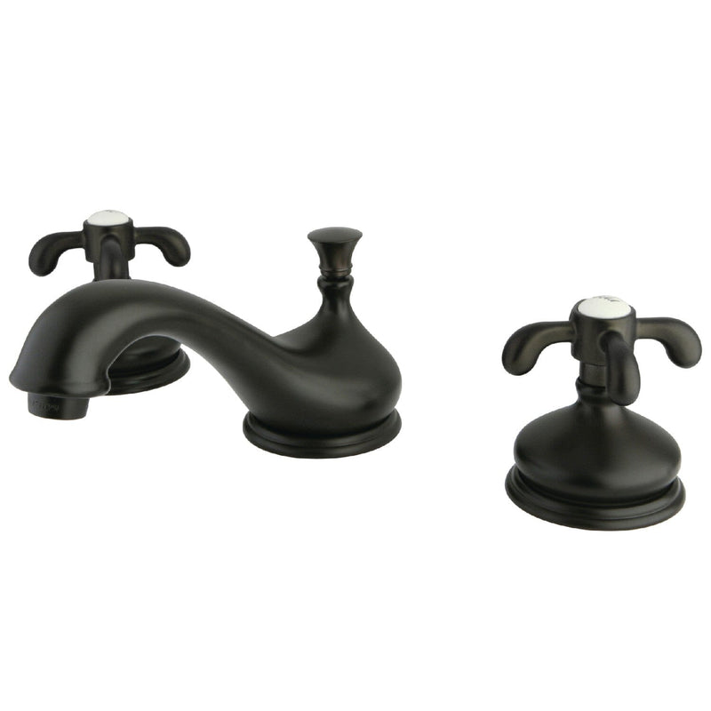 French Country Two-Handle 3-Hole Deck Mount Widespread Bathroom Faucet with Brass Pop-Up